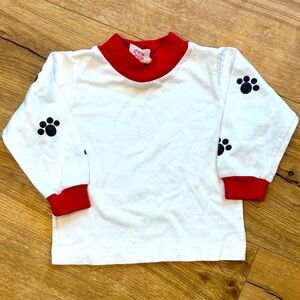 3/$20 Vintage Buster Brown White Long Sleeve Shirt Red Trim Paw Prints 6-9 Month